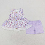 GSSO0402 Flower Purple Pockets Lace Girl Shorts Set