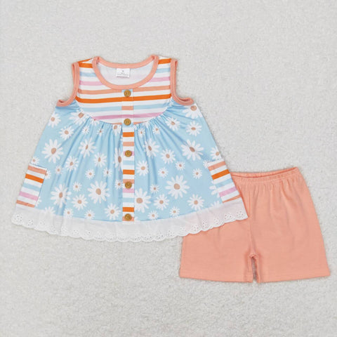 GSSO0403 Flower Orange Stripe Pockets Lace Girl Shorts Set