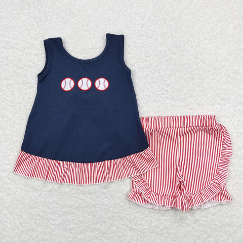 GSSO0405 Embroidery Baseball Blue Girl Shorts Set