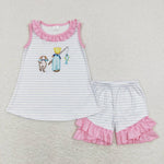 GSSO0412 Embroidery Fishing Dog Girl Shorts Set