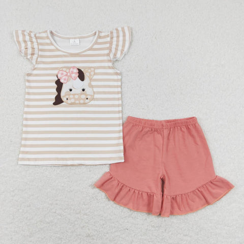 GSSO0423 Embroidery Cow Horse Cute Girls Shorts Set