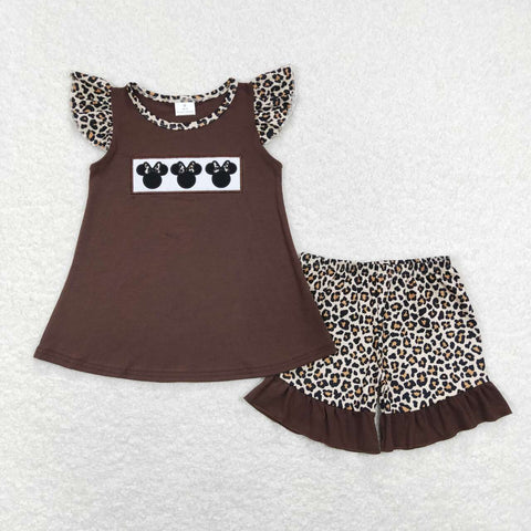 GSSO0424 Embroidery Cartoon Mouse Brown Leopard Girl Shorts Set
