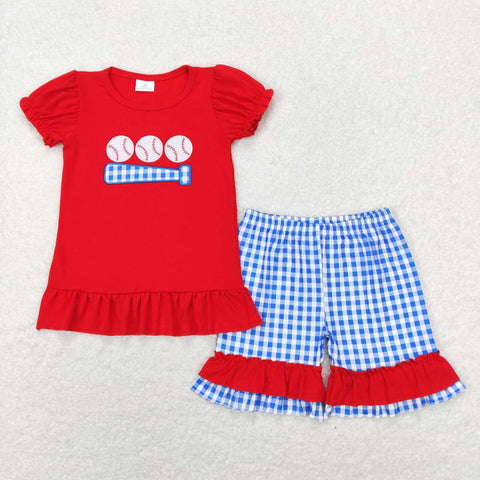 GSSO0428 Embroidery Baseball Red Blue Girl Shorts Set