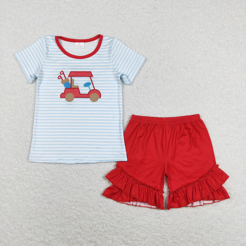 GSSO0432 Embroidery Golf Cart Stripe Girl Shorts Set