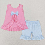 GSSO0438 Sky Blue Pink Stripe Girl Shorts Set