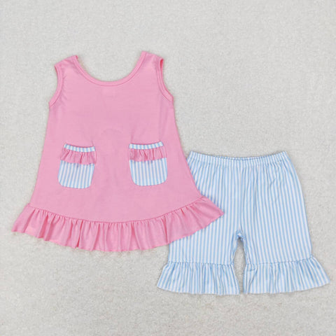 GSSO0438 Sky Blue Pink Stripe Girl Shorts Set
