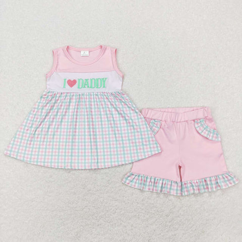 GSSO0441 Embroidery I love Daddy Mint Pink Girl Shorts Set