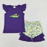 GSSO0444 Embroidery Mardi Gras Crocodile Purple Girl Shorts Set