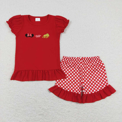 GSSO0450 Embroidery Cartoon Mouse Red Girls Shorts Set