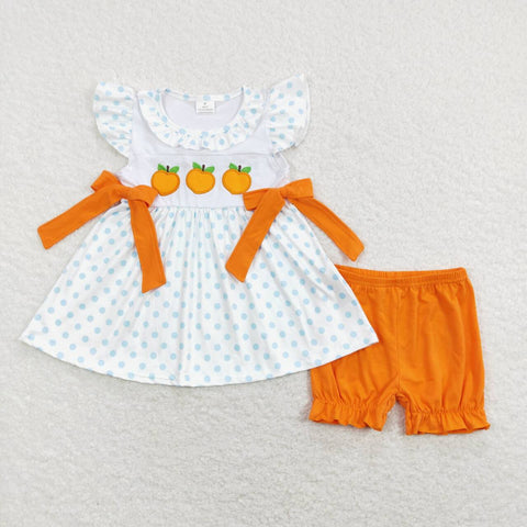 GSSO0451 Embroidery Peach Fruit Orange Girls Shorts Set