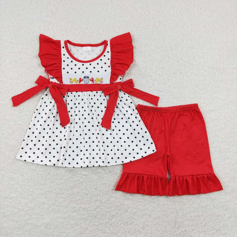 GSSO0454 Embroidery Crawfish Foods Red Shorts Girls Set