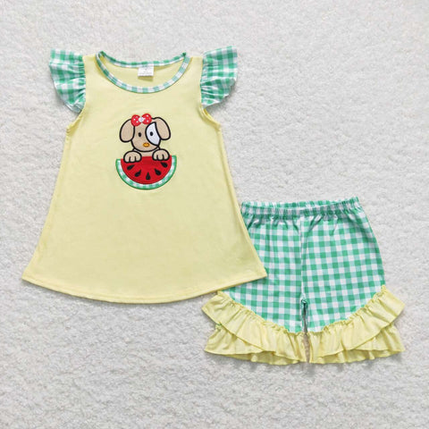 GSSO0483 Embroidery Summer Watermelon Dog Girls Shorts Set
