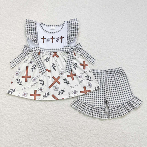 GSSO0492 Embroidery Easter Flower Cross Girls Shorts Set