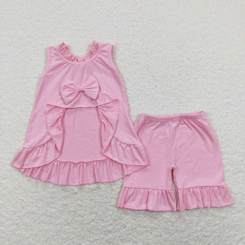 GSSO0518 Pink Bow Ruffles Girls Shorts Set