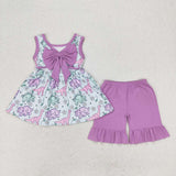GSSO0533 Dinosaur Flower Purple Girls Shorts Set