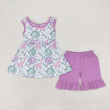 GSSO0533 Dinosaur Flower Purple Girls Shorts Set