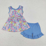 GSSO0547 Flower Floral Blue Bow Girls Shorts Set