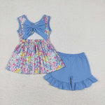 GSSO0547 Flower Floral Blue Bow Girls Shorts Set