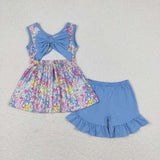 GSSO0547 Flower Floral Blue Bow Girls Shorts Set