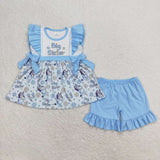 GSSO0577 Cartoon Big Sister Blue Girls Shorts Set