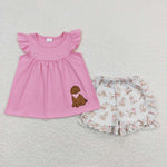 GSSO0581 Embroidery Dog Pink Girls Shorts Set