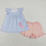 GSSO0582 Embroidery Ballet shoes Pink Girls Shorts Set