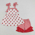 GSSO0588 Strawberry Flower Plaid Girls Shorts Set