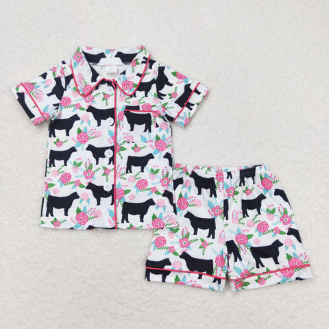 GSSO0590 Summer Cow Flower Girls Shorts Set Pajamas