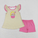 GSSO0600 Embroidery Summer Ocean Beach Girls Shorts Set