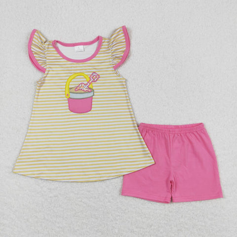 GSSO0600 Embroidery Summer Ocean Beach Girls Shorts Set