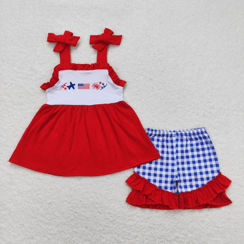 GSSO0611 Embroidery 4th of July USA Flag Girls Shorts Set