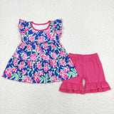 GSSO0613 Summer Flower Blue Pink Girls Shorts Set