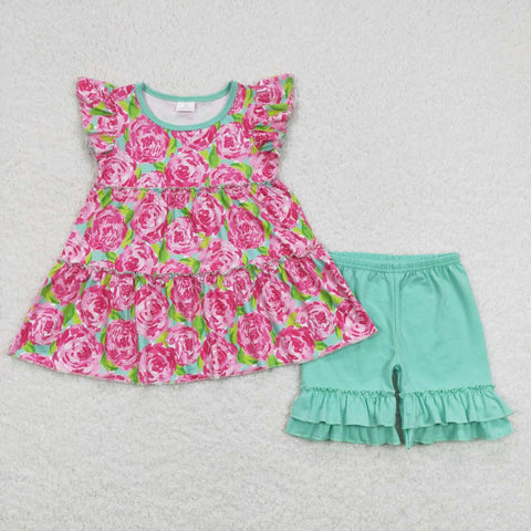 GSSO0615 Summer Flower Mint Girls Shorts Set