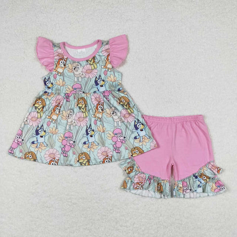 GSSO0624 Flower Cartoon Girls Shorts Set