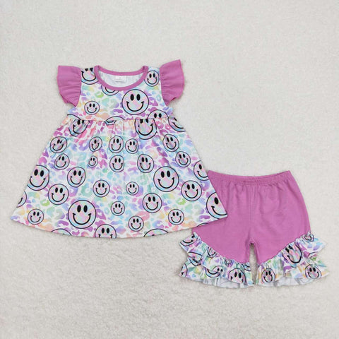 GSSO0631 Smiley face Leopard Pink Girls Shorts Set