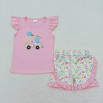 GSSO0644 Embroidery Ice cream Car Flower Pink Girls Shorts Set
