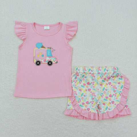 GSSO0644 Embroidery Ice cream Car Flower Pink Girls Shorts Set