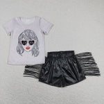 GSSO0651 Fashion Singer Star Black Leather Shorts Tassel Girl's Set