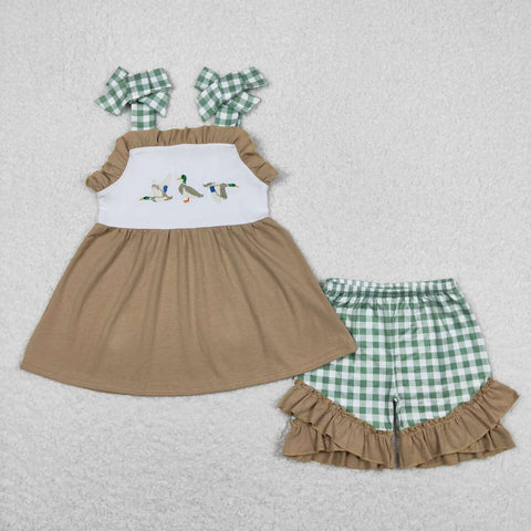GSSO0653 Embroidery Duck Green Plaid Girls 2 pcs Set