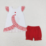 GSSO0662 Embroidery USA Flag Red Plaid Girls 2 pcs Set