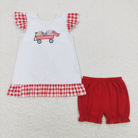 GSSO0662 Embroidery USA Flag Red Plaid Girls 2 pcs Set