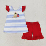 GSSO0663 Embroidery USA Flag Dog Girls 2 pcs Set
