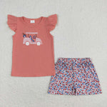 GSSO0669 Embroidery Pink Flower Car Girls 2 pcs Set