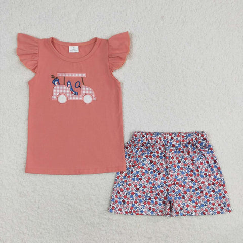GSSO0669 Embroidery Pink Flower Car Girls 2 pcs Set
