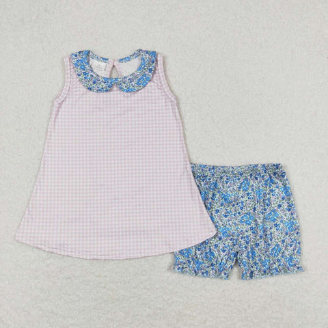 GSSO0670 Blue Flower Plaid Girls 2 pcs Set