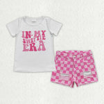 GSSO0671 In my swiftie ear Pink Plaid Denim Shorts 2 Pcs Girl's Set