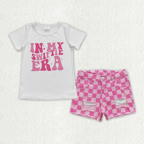 GSSO0671 In my swiftie ear Pink Plaid Denim Shorts 2 Pcs Girl's Set