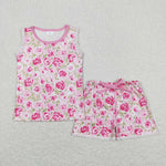GSSO0673 Pink Flower Rose Girls Shorts Set