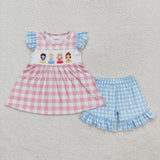 GSSO0692 Pink Blue Plaid Shorts Set