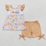 GSSO0696 Embroidery I Love MOM Flower Girls Shorts Set